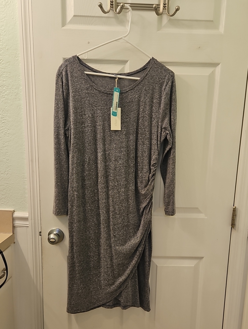 Z Supply Blue Heather Gray Long Sleeve Twist-Side Midi Dress